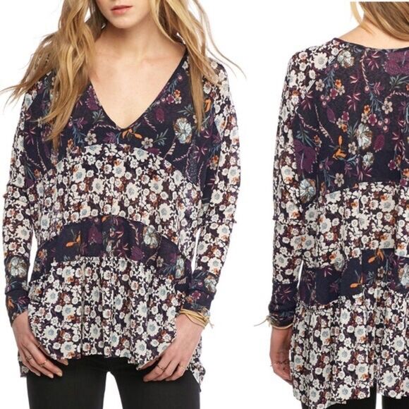 FREE PEOPLE TOP Floral Peasant Style Tunic Top Size S - Picture 1 of 9
